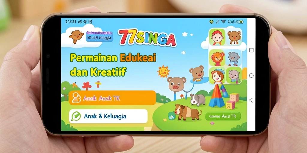 Antarmuka ceria dan interaktif dari aplikasi 77SINGA untuk anak-anak.